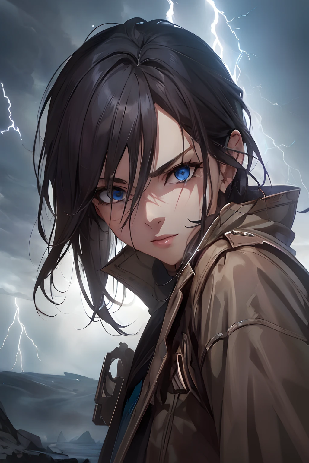 Eine Frau mit blauen Augen steht vor einem Sturm, portrait of Eren Yeager, Eren Yeager, Makoto Shinkai and artgerm, Makoto Shinkai ( Apex-Legenden ), artwork in the style of guweiz, Makoto Shinkai. digital render, artgerm and atey ghailan, eren jaeger