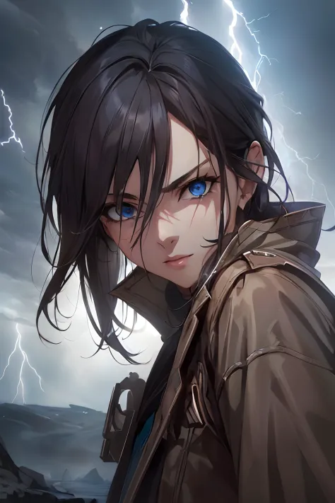 a woman with blue eyes standing in front of a storm, portrait of eren yeager, eren yeager, makoto shinkai and artgerm, makoto sh...