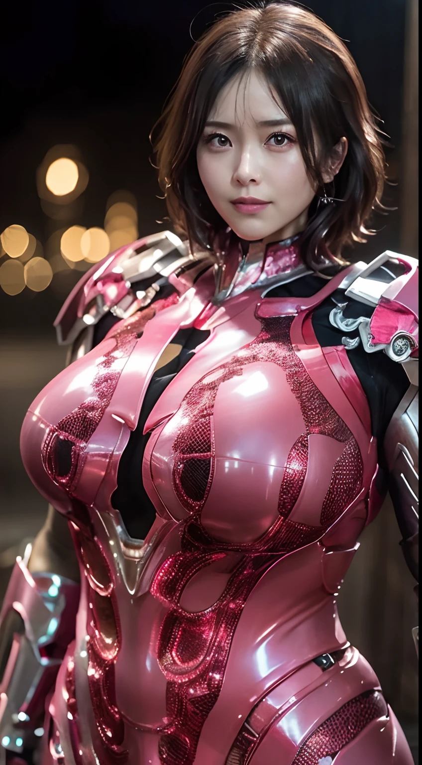 Pink Power Rangers、femele、Realistic、Writing, Glossy suit、Power Rangers Bodysuit、professional photograpy、Does not expose the skin, Japanese Models,、,The skin is not exposed、fleshy body, large boob、 hard 、、big butts、Big belly、thick thight、thick arms、Round face、Fat face、chubby cheeks、Sauce order、big eye、brown short-haired、、Night background、