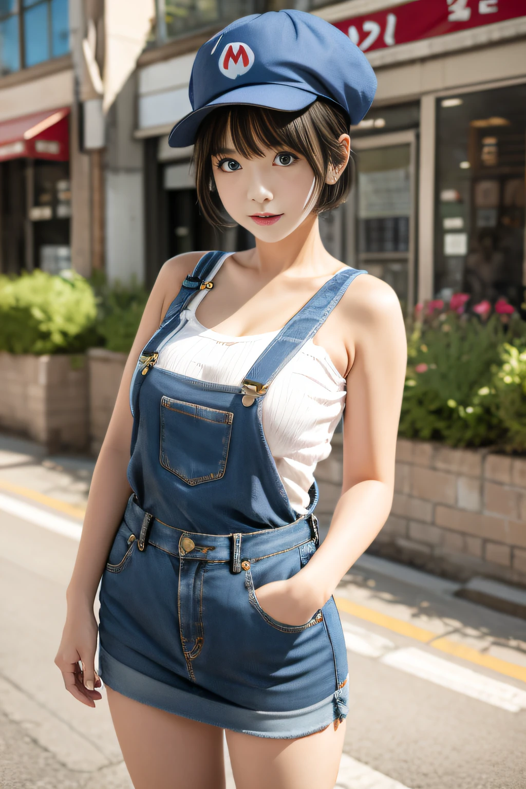 Muchirimchi、kawaii、She wears Mario's blue suspenders，Wearing Mario's red hat，Short black hair、college girl，On the streets of the city，