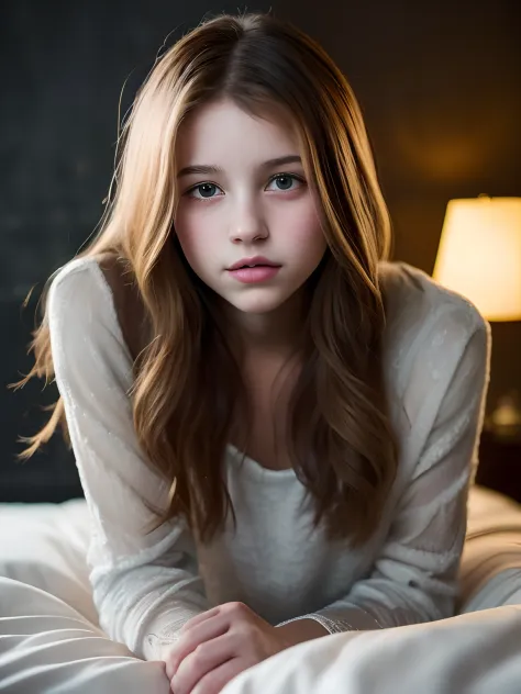 Portrait of an 18 year old cute beautiful perfect face petit teen, she is happy, very beautiful Russian, raw, in bed, (dark private study, dark and moody light: 1.2)