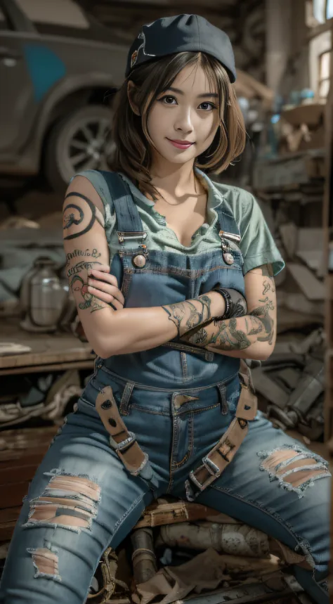 ((Best quality)), ((Masterpiece)), (Detailed), A charming and seductive female mechanic covered in grease,confident smile，sittin...