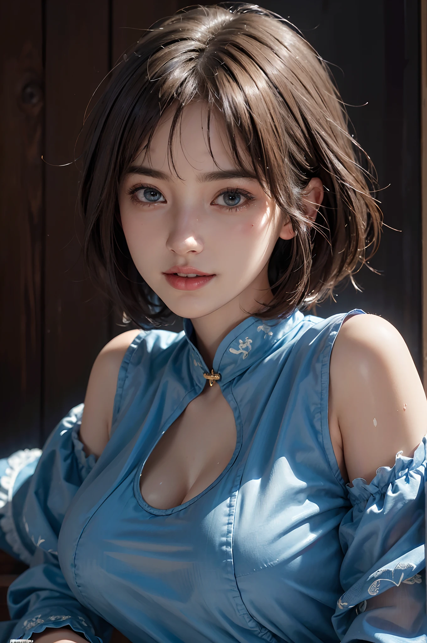 (A hyper-realistic), (illustratio), (hight resolution), (8K), (ighly detailed), (The best illustrations), (beatiful detailed eyes), (top-quality), (ultra-detailliert), (​masterpiece), (detailed face), droopy eyes,full of sweat, full body, short hair,inner colored,solo,Girl in tight blue dress, huge tits, smile