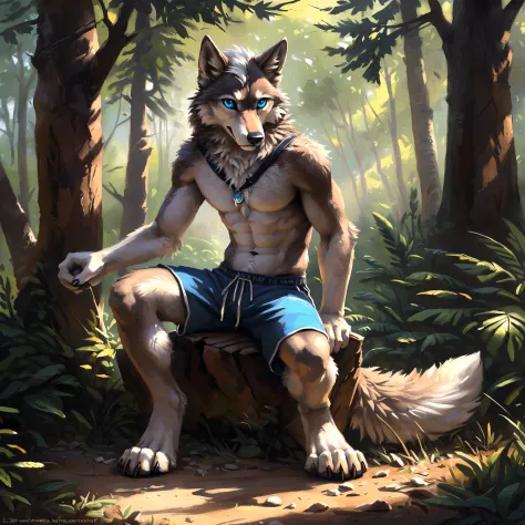 ((Solo)), male people, anthro wolf, (Multi-colored fur, White-brown:1.3，White tail pointed), ((Wolf face, White hair, Big eyes, ...