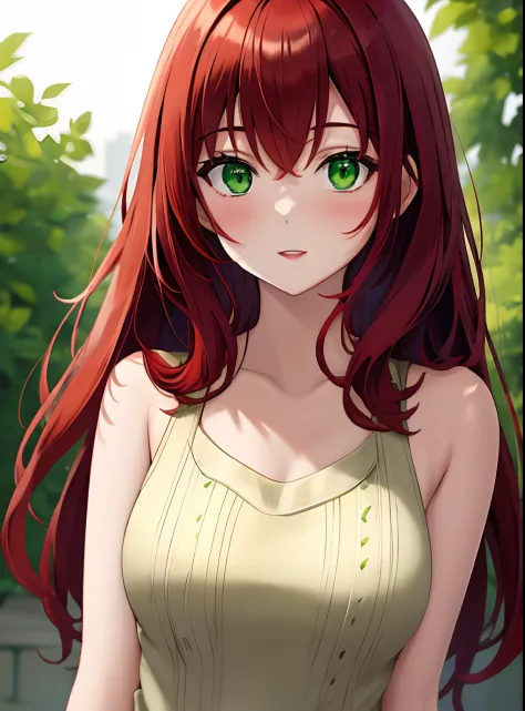 Portrait of red-headed girl shot with amazing body, hand, Green eyes