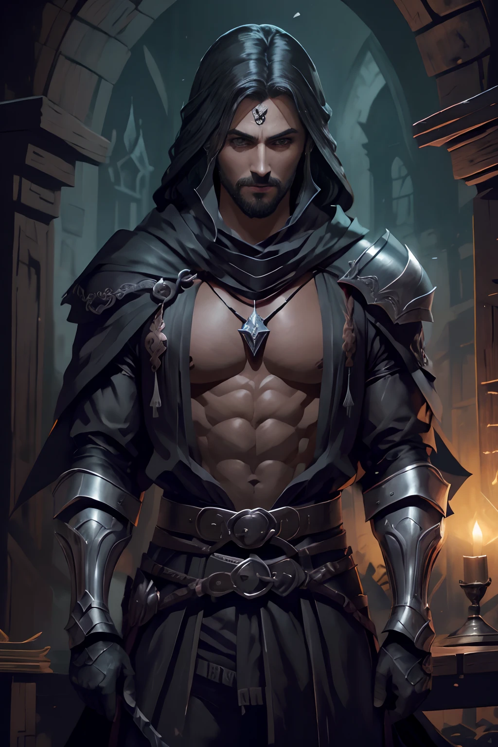 (foto de cuerpo completo), Castlevania: Señor de las Sombras, Asistente de sombras, hiper realista, súper detallado, capa negra, super realista, súper detallado, capa negra, olhos brilhantes caballero em um cavalo preto, sostiene un pentagrama de cinco puntas, sostiene un pentagrama de cinco puntas, sostiene un pentagrama de cinco puntas, caballero.