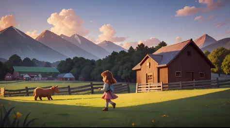 a little girl walking in front of a wooden farm fence, animals in the background, 3d drawing style, high definition, cinematic l...