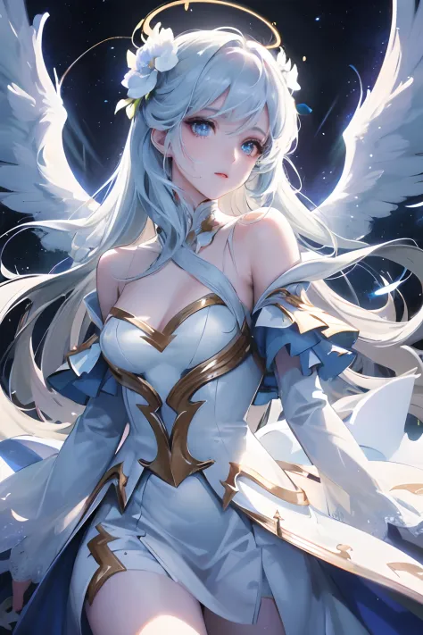 best quality, masterpiece, anime style, a beautiful woman angel,floating in the air ,lightning halo,having four beautiful white large wings ,moon, nebula, shooting stars, wearing a beautiful white dress, ultra beautiful detailed eyes, Precise iris depiction,looking at the viewer with a calm and goddess-like happiness, 
,hyper detailed face, complex, perfect, model,  textured, chiaroscuro, professional make-up, realistic, rough, dominating, figure in frame, Super beautiful background drawn by WLOP, cinematic lighting, stars, night, fireflies, near a lake, ethereal,
