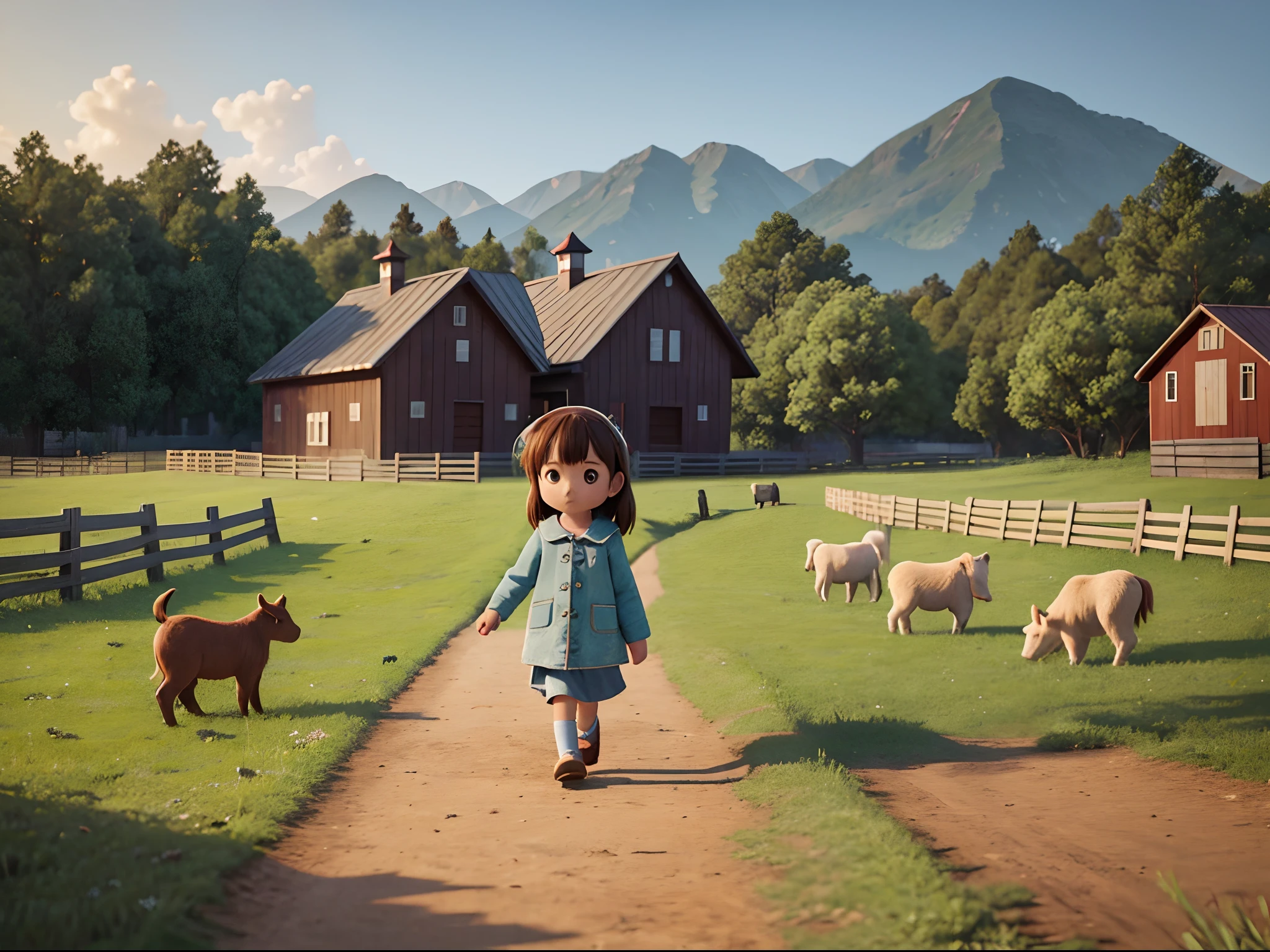 a little girl walking in front of a wooden farm fence, animals in the background, 3D drawing style, high definition, cinematic lighting.