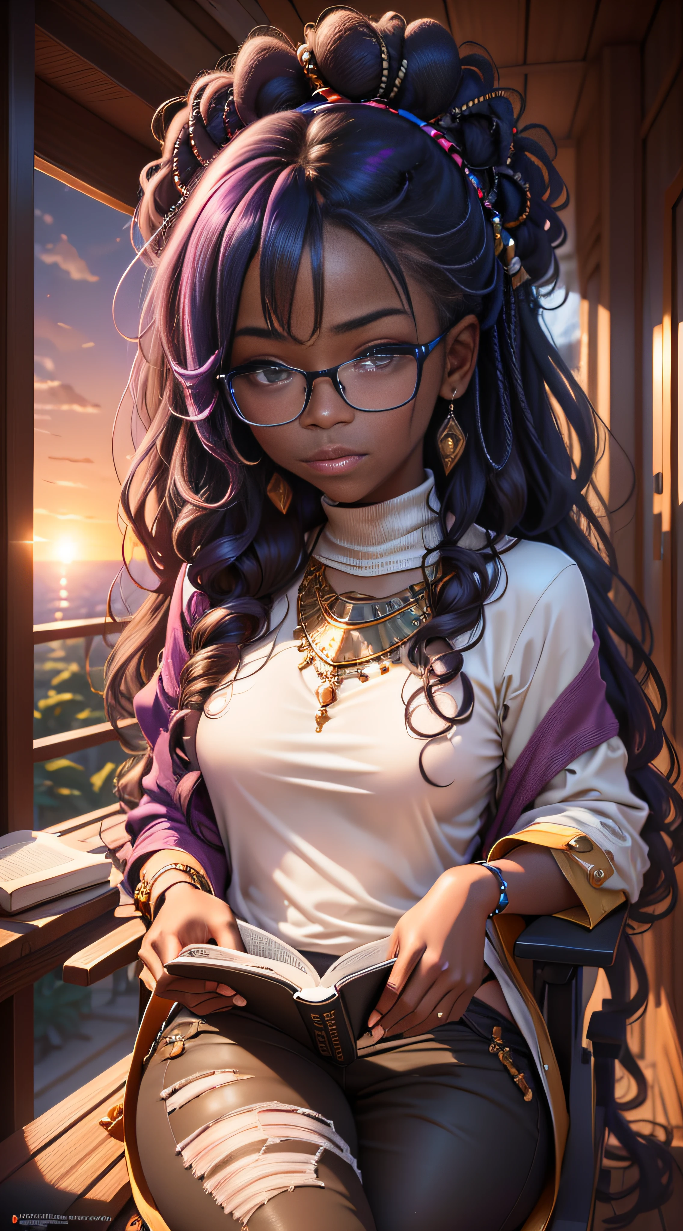 retrato realista de una linda niña afroamericana de veinte años ((color de piel oscuro)) leyendo un libro, ((Sentado en una silla junto a la ventana durante una puesta de sol)), ((usando lentes, sufre de heterocromía)) vestido con una sudadera morada y jeans, current Moda, Pelo largo y rizado, Mega rizado, ((kanekalon)), iluminación de fondo oscuro,  De cerca, visión del producto, detalles faciales detallados, cara perfecta, nitidez, Arte de tendencia, detalles faciales nítidos, sociedadcg, Arte digital de ultra alta calidad, Detalles hiper exquisitos, 4k, Iluminación suave 8K, soñador --ISO 100, Moda