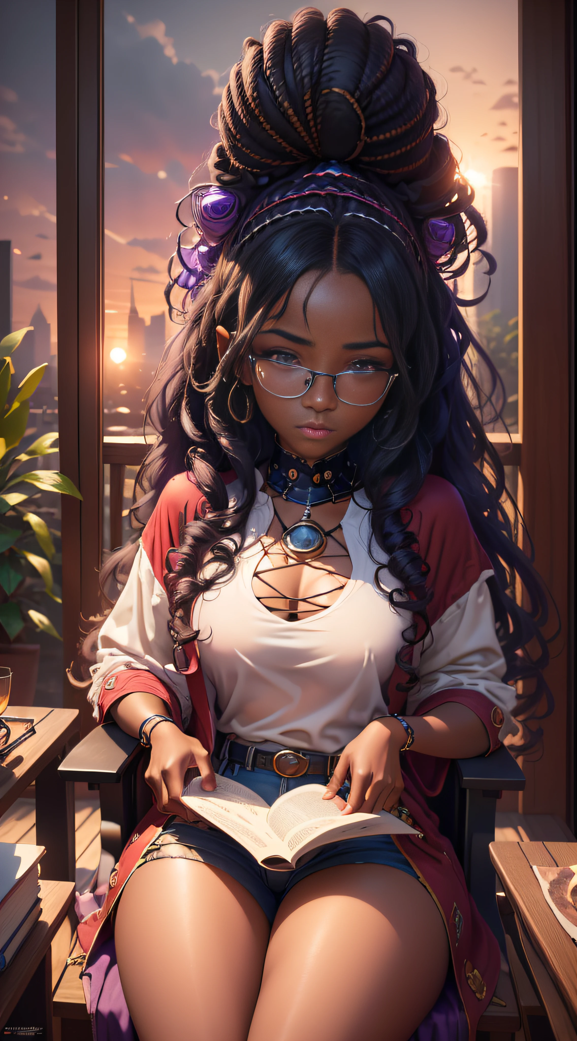 retrato realista de una linda niña afroamericana de veinte años ((color de piel oscuro)) leyendo un libro, ((Sentado en una silla junto a la ventana durante una puesta de sol)), ((usando lentes, sufre de heterocromía)) vestido con una sudadera morada y jeans, current Moda, Pelo largo y rizado, Mega rizado, ((kanekalon)), iluminación de fondo oscuro,  De cerca, visión del producto, detalles faciales detallados, cara perfecta, nitidez, Arte de tendencia, detalles faciales nítidos, sociedadcg, Arte digital de ultra alta calidad, Detalles hiper exquisitos, 4k, Iluminación suave 8K, soñador --ISO 100, Moda