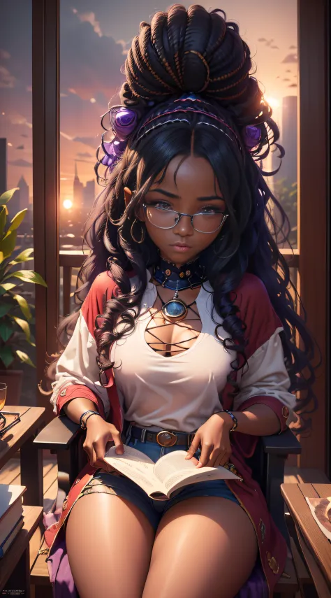 realistic portrait of a cute twenty-year-old African-American girl ((dark skin color)) reading a book, ((sitting in a chair by t...