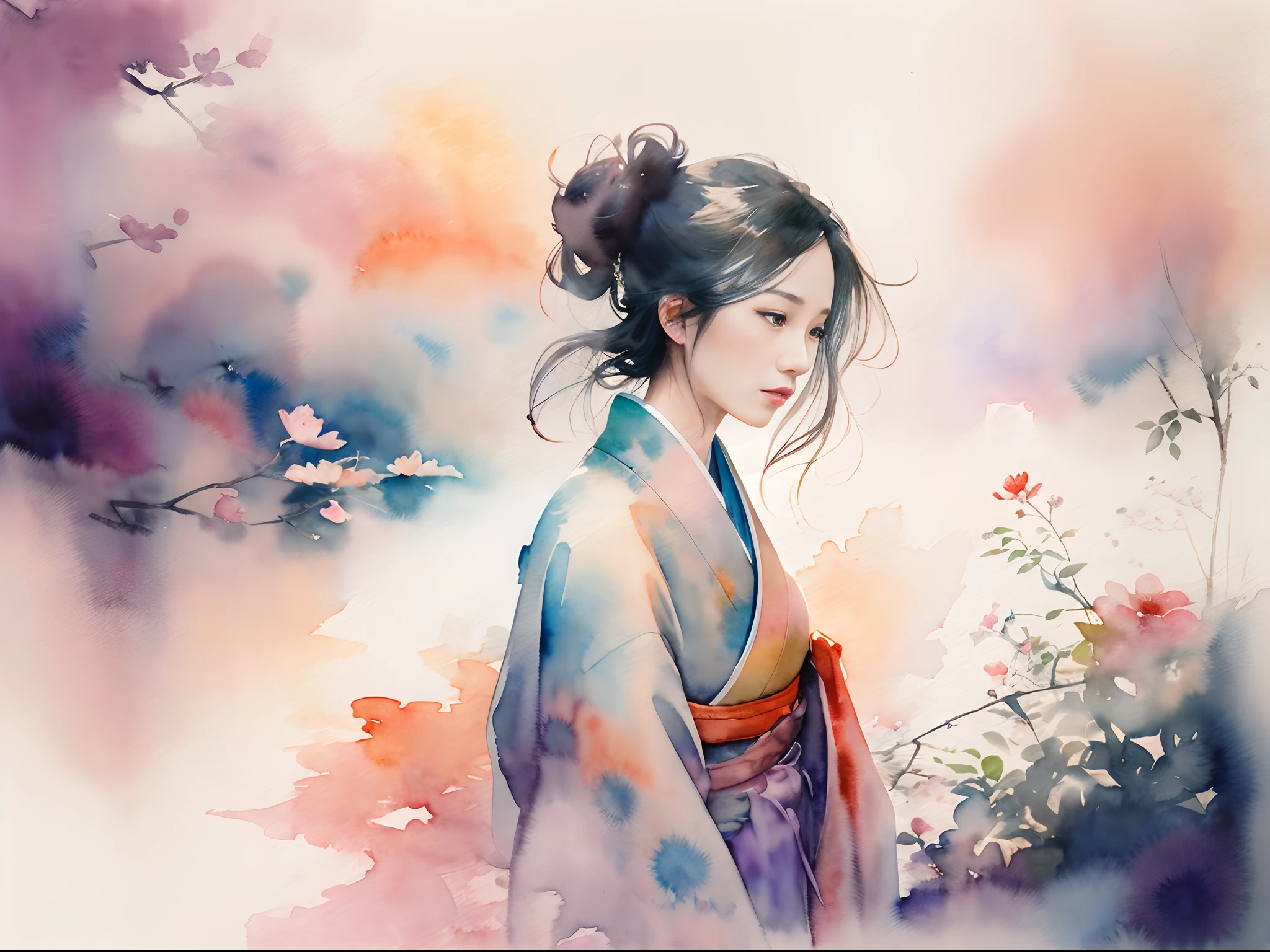 vibrant watercolor,　Chinese々Right、Interact with the past、 ((Beautiful woman in her 30s Japan determined : 1.7))、((Staring into the distance)), Nobility、Rin with high pride々Shishi, dynamic compositions、solitude、Simple clothes、Backgrounds with depth are abstract、A space of light and shadow, Bokeh, Foggy, Dutch Angle, afterimage, negative space, minimalism,(Anatomically correct number and shape of fingers), Cinematic scene、 Beautiful watercolor painting, watercolor paiting、solitude、Krenz Kchart Style,