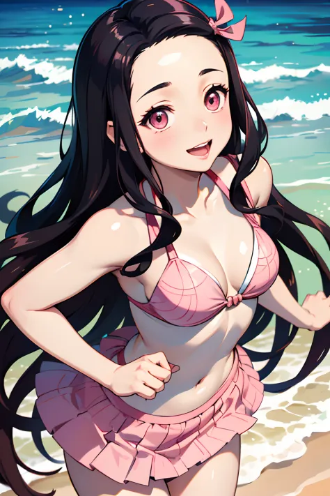 (best quality,4k,8k,highres,masterpiece:1.2),ultra-detailed,(realistic,photorealistic,photo-realistic:1.37),beautiful Nezuko Kamado with stunning eyes in a vibrant Pink bikini,Nezuko Kamado in a lively beach scene with crystal clear water and soft sandy be...