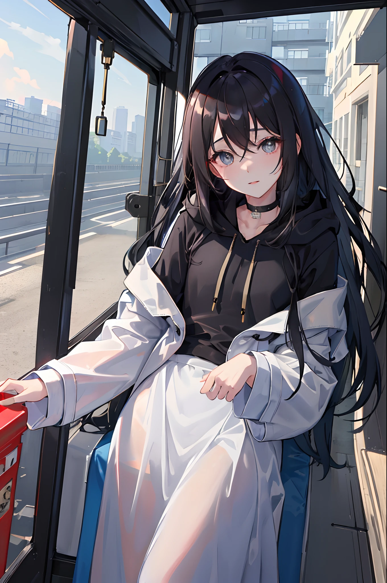 (masuter piece、side lights、Ultra-detail、inely detailed beautiful eyes: 1.2)、1girl in、bags、buliding、From Side、hoods、Hood down、hooded jacket、parka、jaket、long、Black hair、profile、A darK-haired、solo、Train、inside of a car、The upper part of the body、​masterpiece、top-quality、the morning sun、optic、