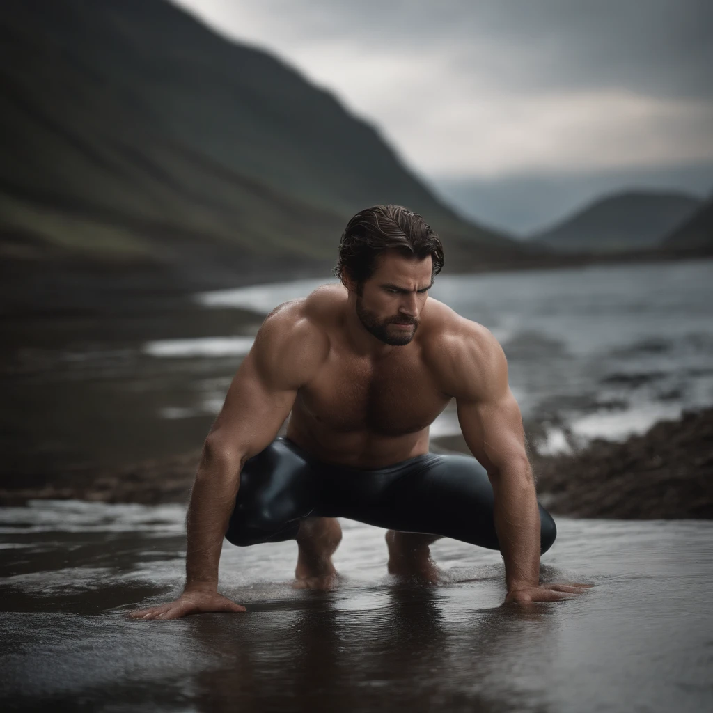 Arafed man in wetsuit crouching in the water on a beach - SeaArt AI