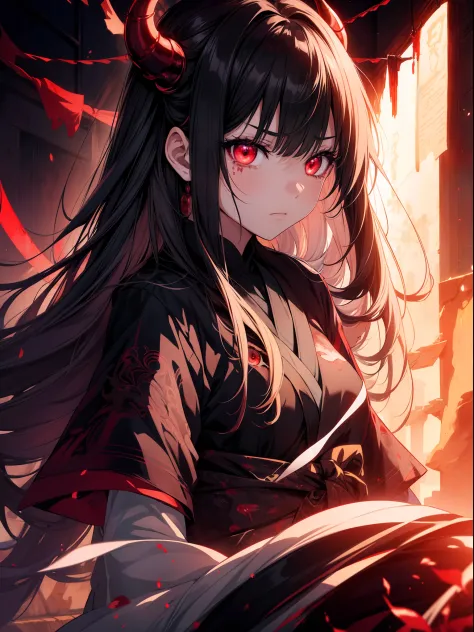 1 demon girl , shedding tears of blood , angry, Portrait ,black japanease clothing, glowing eyes,high resolution,(incredibly abs...