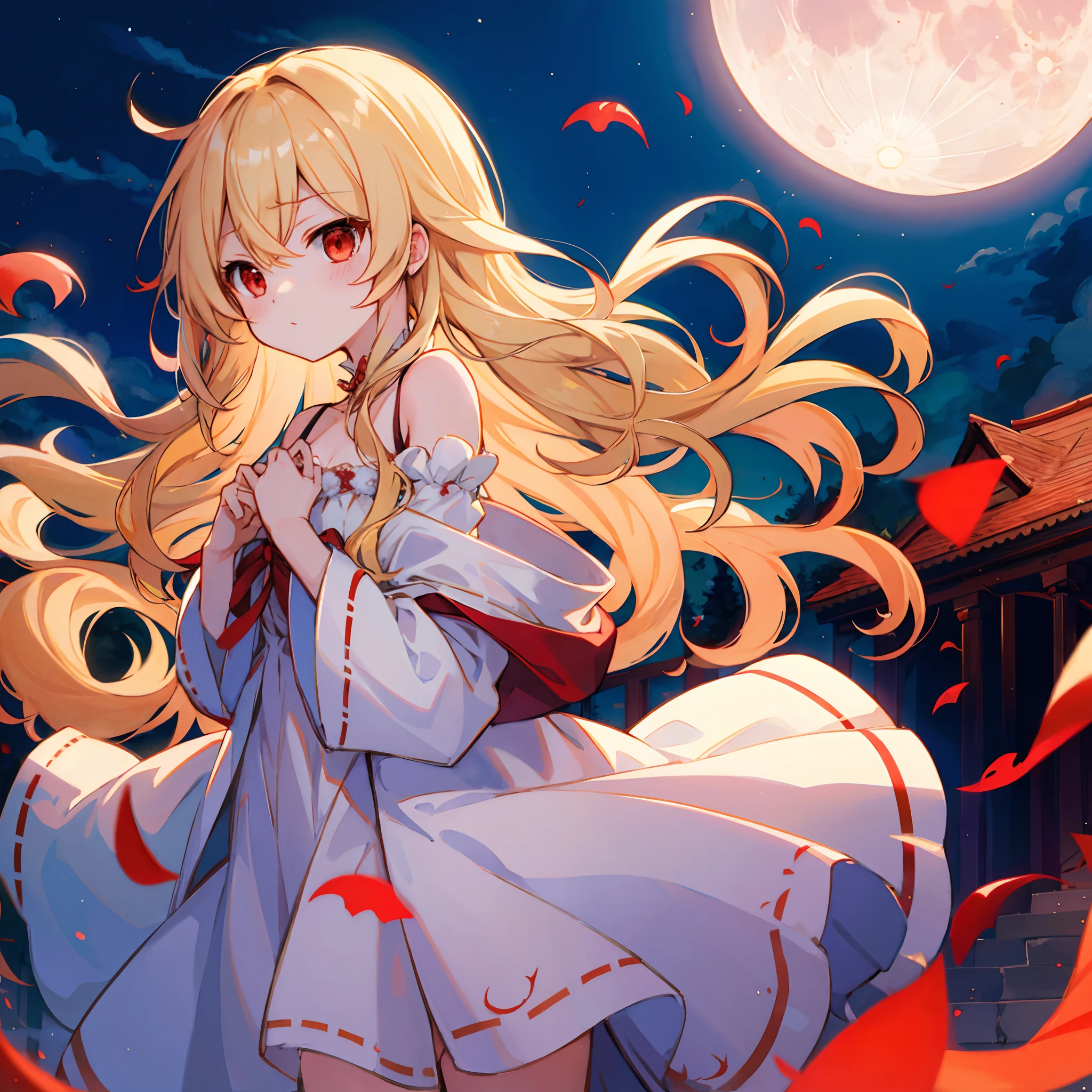 Wavy blonde、red eyes、One beautiful vampire girl、Fluffy clothes、off shoulders、a moon、natta