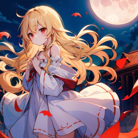 wavy blonde、red eyes、one beautiful vampire girl、fluffy clothes、off shoulders、a moon、natta