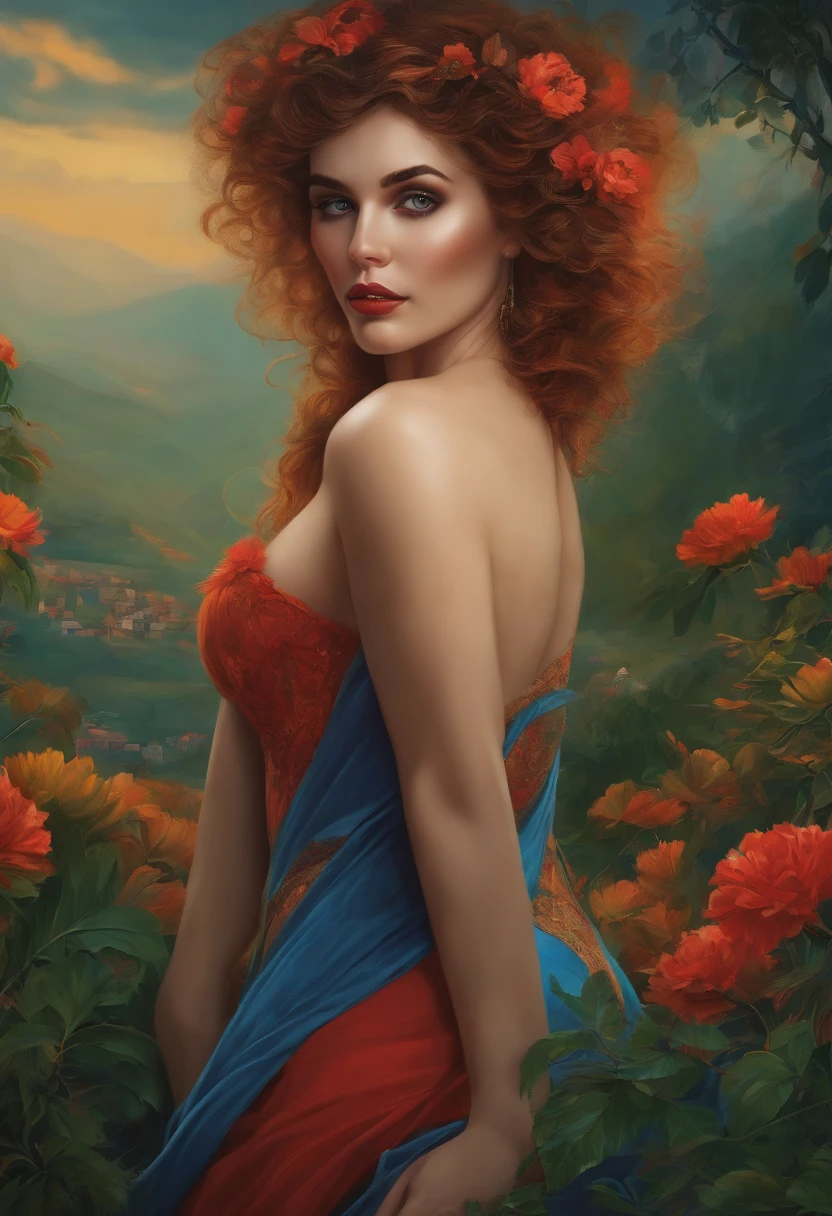 A painting of a woman with red hair and a blue dress - SeaArt AI