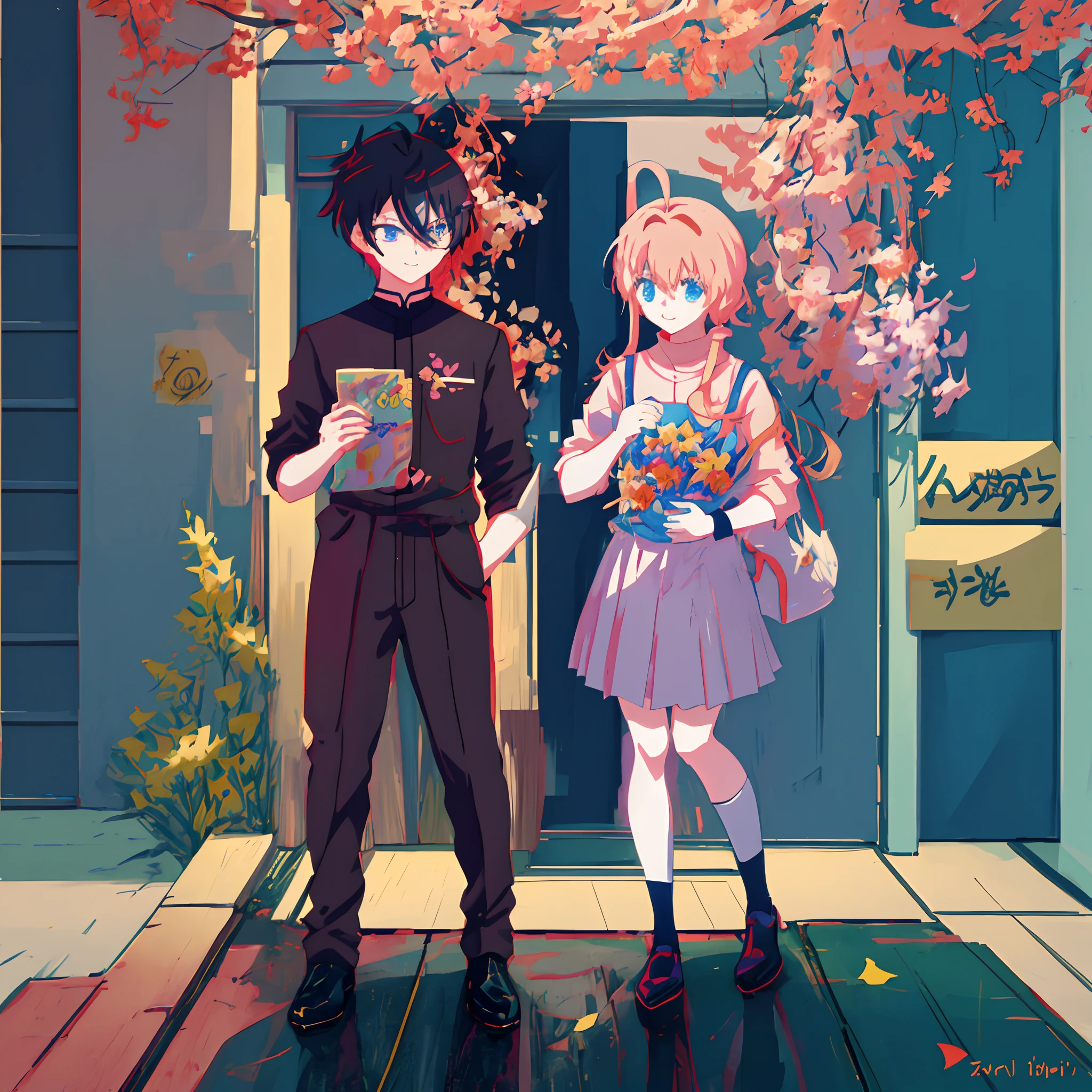 anime characters are standing in a line with flowers, flat anime style, cute art style, ddlc, ufotable art style, in ryuuou no oshigoto art style, good smile company anime style, anime stylized, anime style like fate/stay night, anime art style, cute anime style, cute artwork, anime visual style, cute anime