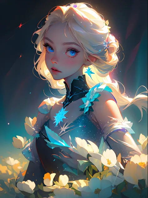 (best quality, masterpiece), 1girl, pose, particle, wind, flower, upper body, simple background, looking at viewer, Elsa from Frozen, blonde, galaxy, perfect eyes