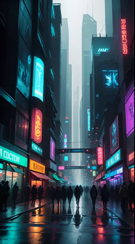 Imagine "Picture a bustling street in a futuristic city, enveloped in a hyper-realistic cyberpunk aura. Neon signs light the way, reflecting off cars gliding along the thoroughfare. This cyberpunk metropolis, immersed in a constant rainy climate, captivate...