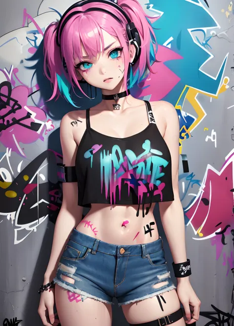 masterpiece, best quality, 1girl, solo, crop top, denim shorts, choker, (graffiti:1.5), paint splatter, arms behind back, against wall, looking at viewer, armband, thigh strap, paint on body, head tilt, bored, multicolored hair, aqua eyes, headset,