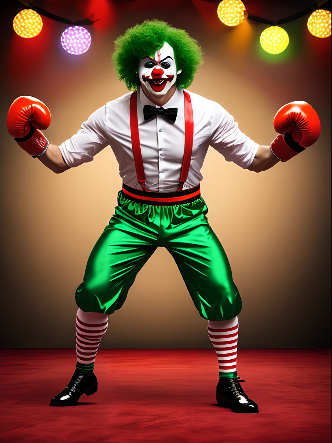 1man, alien, cartoon, clown costume, red clown nose, cartoon eyes, evil clown, curly orange hair, green eyes, yellow teeth, large boxing gloves, circus tent backdrop, masterpiece, best quality, male focus, short body, jumping, evil grin, villain, wacky atmosphere, green Mohawk, green skin, midget, white clown makeup, (red boxer shorts), solo, full body, cowboy shot, (bow tie), short body, dynamic fighting stance pose, standing, socks, clown shoes, white shirt