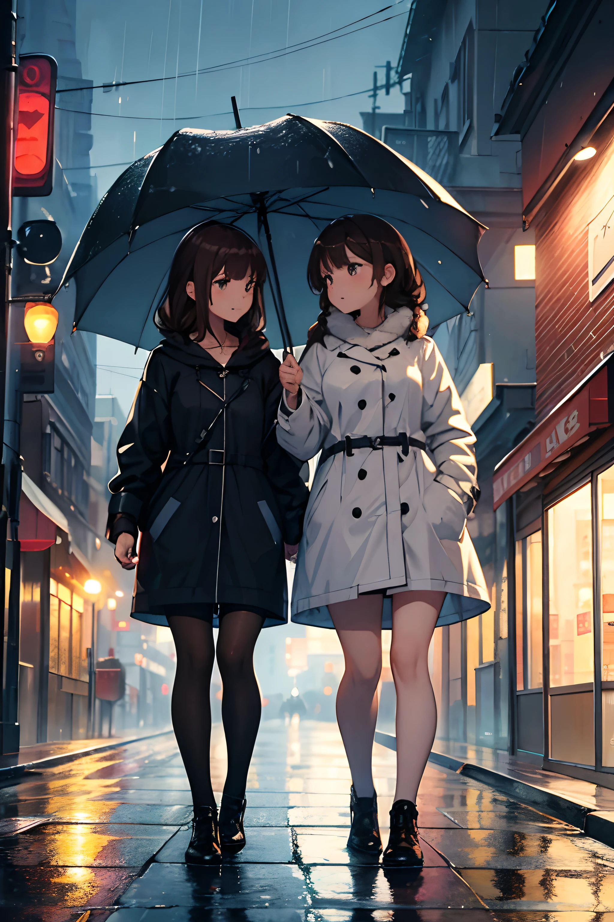 sfw, watercolor painting illustration, perfect anatomy, masterpiece, best quality, ultra-detailed, illustration, 2girls, rain, rain gear, raincoat, umbrella, wet, damp, wetness, puddles, raindrops, drops, splashes, water, wet pavement, reflections, neon lights, night, evening, darkness, streetlights, lampposts, buildings, city, urban, downtown, town, houses, windows, lights, bright, vibrant, colorful, busy, bustling, lively, dynamic, friends, companions, walking, strolling, chatting, talking, communication, connection, togetherness, unity, support, care, concern, love, affection, intimacy, tenderness, warmth, comfort, protection, shelter, safety, umbrella sharing, teamwork, cooperation, partnership, understanding, acceptance, trust, respect, appreciation, (brown hair:1.1), single braid, bangs, tareme,