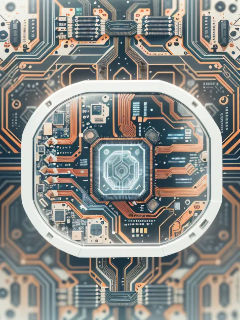 A human brain consisting of a circuit board and a pattern representing AI word processing, sci-fi style,white background,using opaque translucent and transparent structures, clear layers between structures,volumetric light, rich details, organic connection...
