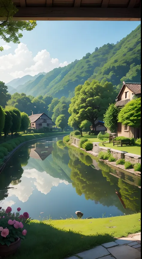 River and garden meadow in a small village in a Chinese hill