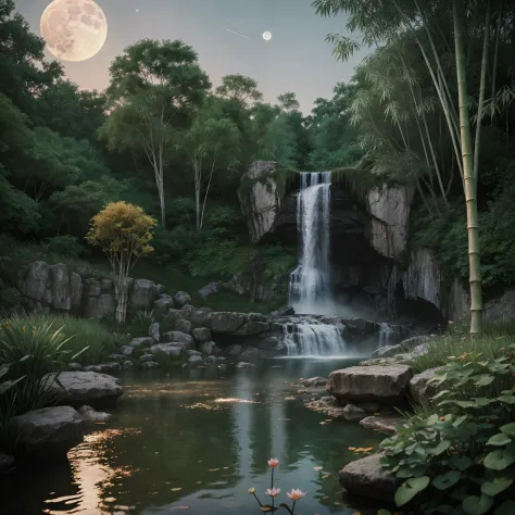 ancient chinese architecture, moon, midnight, garden, bamboo, lake, stone bridge, rockery, arch, corner, tree, running water, la...