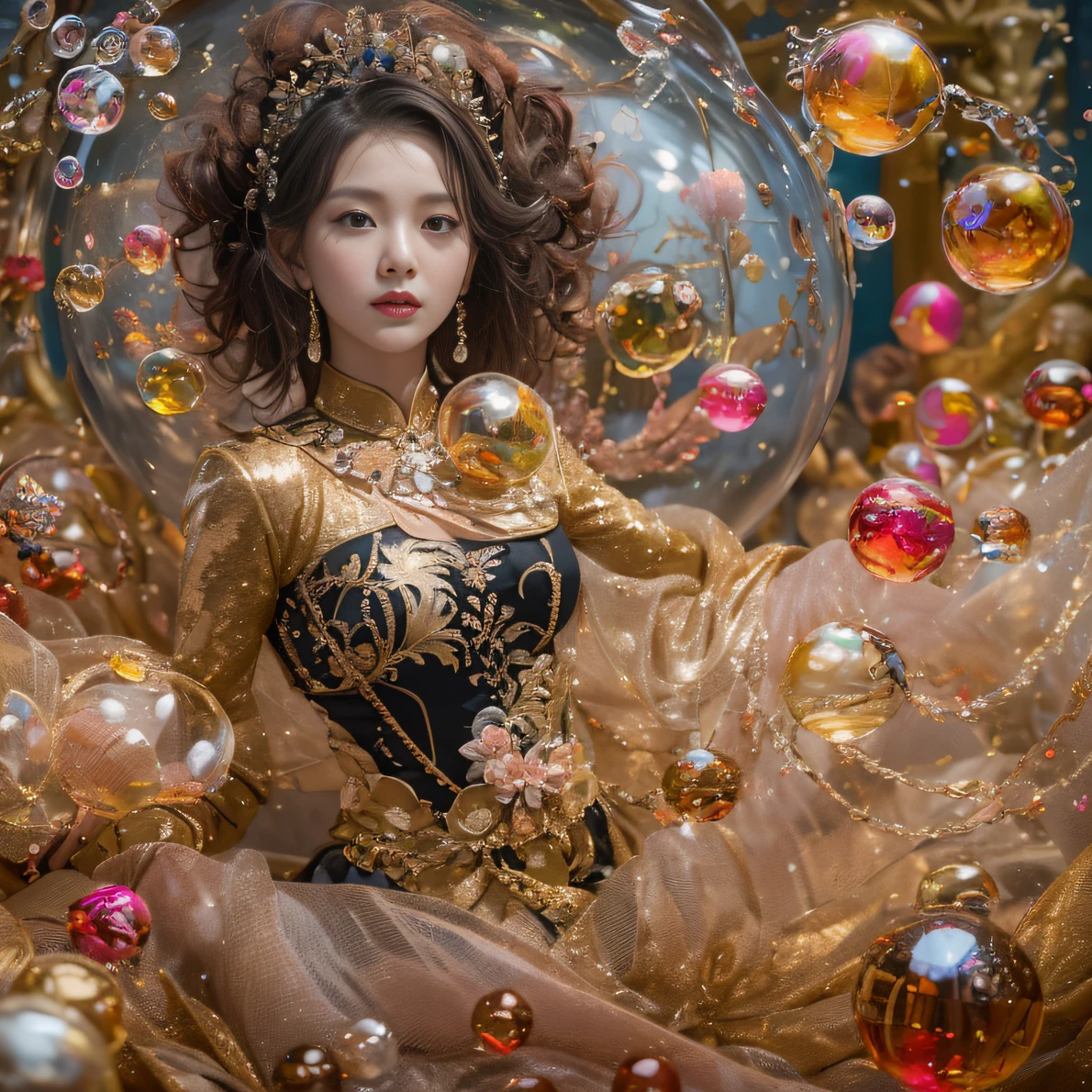 32K（tmasterpiece，k hd，hyper HD，32K）Curly hair with a ball tip，Flowing bubbles，ponds，zydink， a color， Asian people （water sphere）， （Colorful bubbles）， Combat posture， looking at the ground， Large rolls of rouge bubbles， Flowing rouge curls，Crystal tiara， Chinese long-sleeved black gold garment， Water Goddess（Abstract water splash：1.2）， Pink peony flower background，Buble（realisticlying：1.4），Rouge hair，The day is in full swing，The background is pure， A high resolution， the detail， RAW photogr， Sharp Re， Nikon D850 Film Stock Photo by Jefferies Lee 4 Kodak Portra 400 Camera F1.6 shots, Rich colors, ultra-realistic vivid textures, Dramatic lighting, Unreal Engine Art Station Trend, cinestir 800，Large roll bubbles，Flowing bubbles，Colored bubbles that refract light