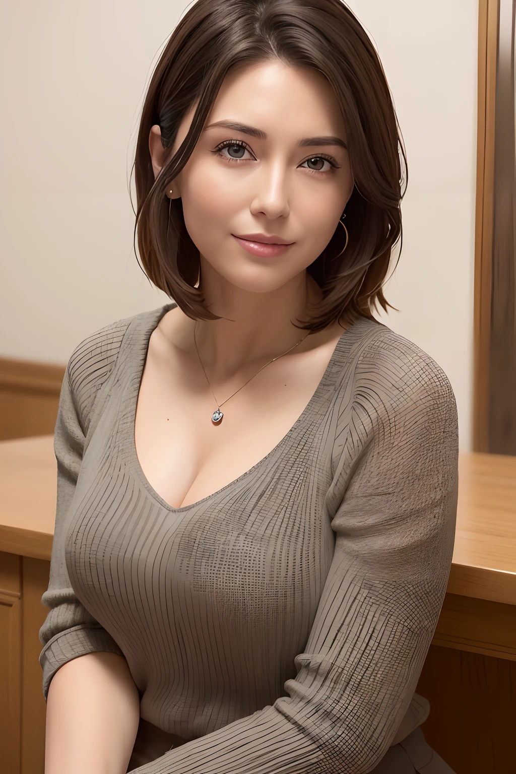 (in 8K, top-quality, ​masterpiece:1.2), (realisitic, Photorealsitic:1.37), ultra-detailliert, Natural sunlight, Undersized breasts, I can see the cleavage, 1 persons, 35-year-old woman, Dark hair, Pendants, Light Knit V-Neck Shirt, extremely detailed face and skin, A detailed eye, extremely detailed face and skin