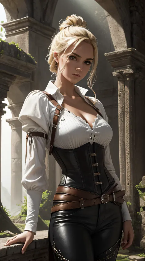 zrpgstyle, portrait beautiful girl solo alone medieval RPG character painting blonde hair upsweep updo swashbuckler rogue black ...