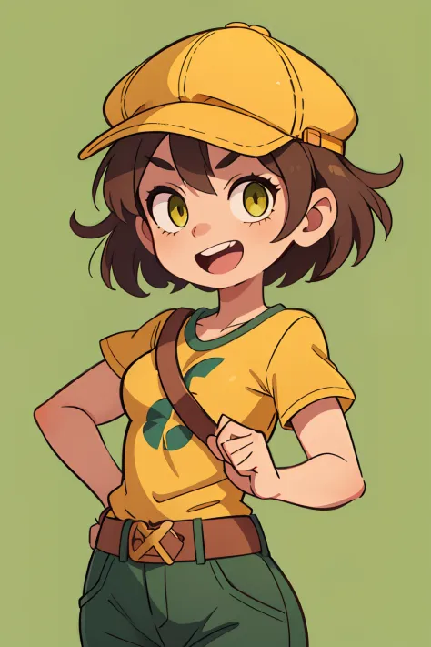 A  girl, short brown hair, yellow tshirt, peaked cap, green colored eyes, ssmile, opened mouth, hands on the belt