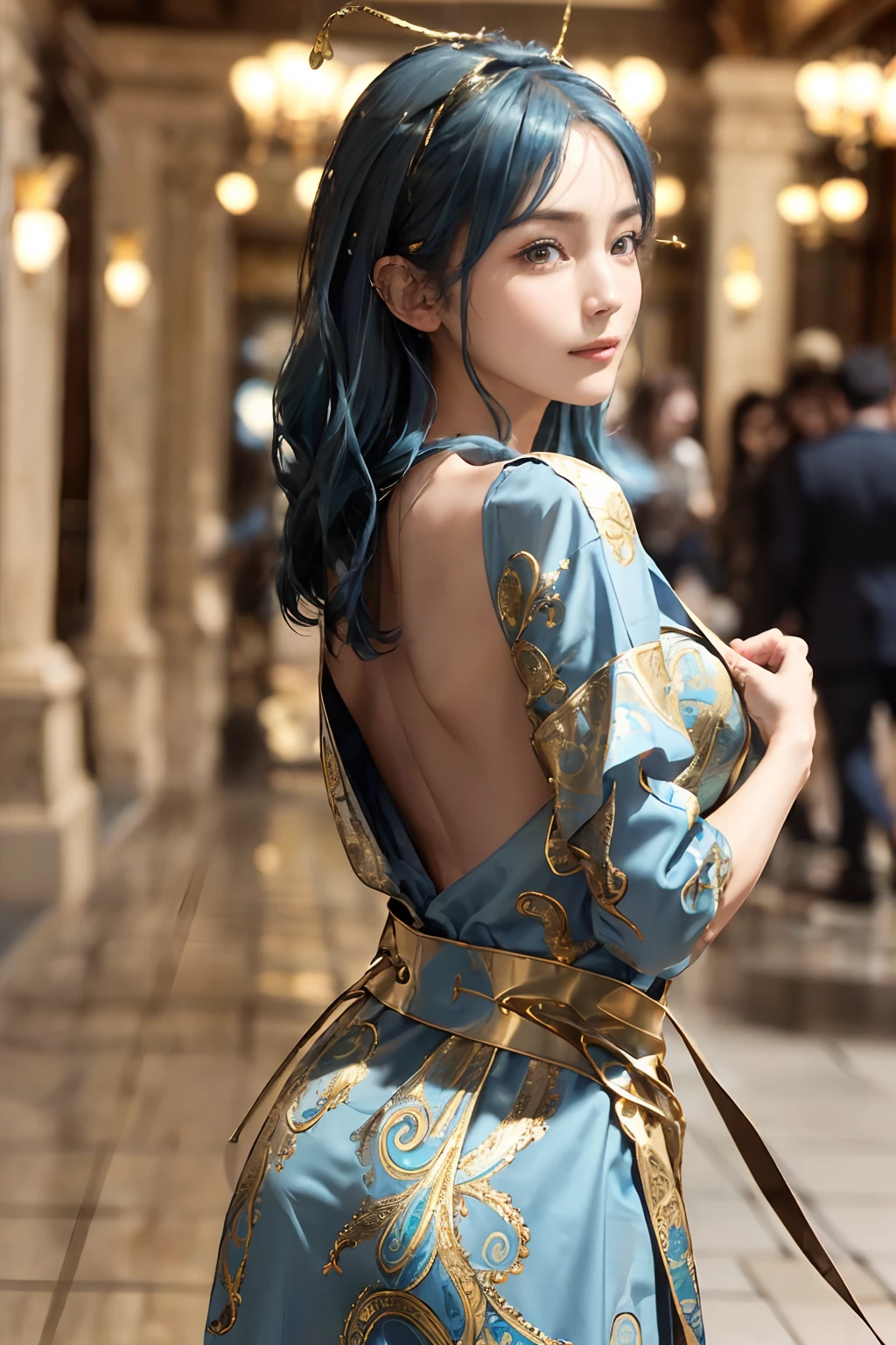 ((top-quality、8K、​masterpiece:1.3)), (Medium Hair, Beautiful hairstyle, lightbluehair:1.5)、(gold foil, Intricately drawn paisley pattern, Delicate workmanship, Dresses:1.5), Clear, Fine-grained skin、Beautiful clear eyes、cleavage of the breast、Carefree and natural smile、(Hair disheveled in the wind:1.3)、Beautiful girl with a smile、(thin-waist:1.3)、(Dynamic and provocative poses:1.2)、(Backshots)、(NSFW:1.2)