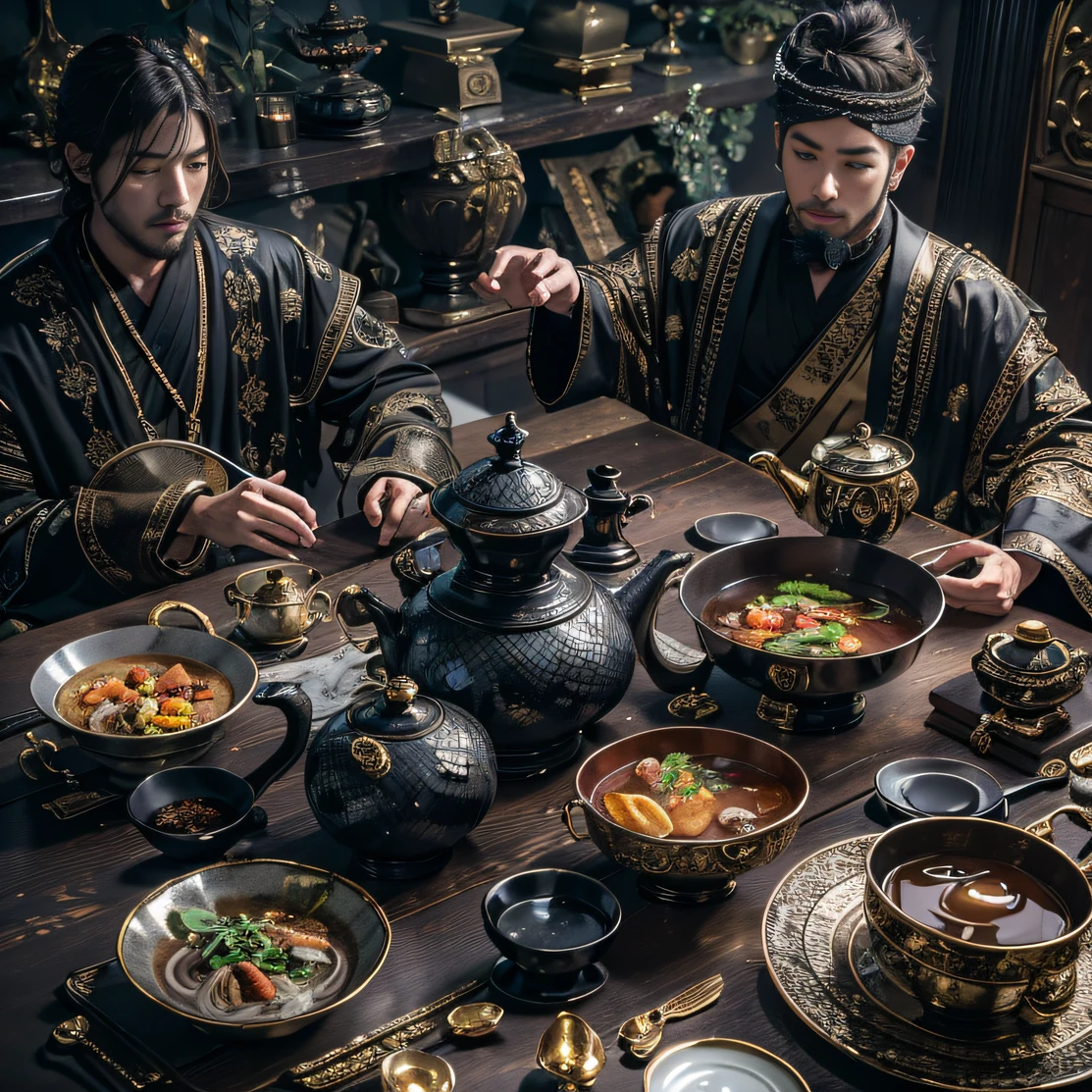 6 manly men，Top image quality，8K,conference site，In the canyon ancient temple，View desktops all，Six male immortals，Black gold python robe crane relief，Gourd tea set，Six dishes and one soup，A masterpiece of telephoto photography，Realisticstyle，hyper photorealism, Cinematic lighting, projected inset,Black sky-braided