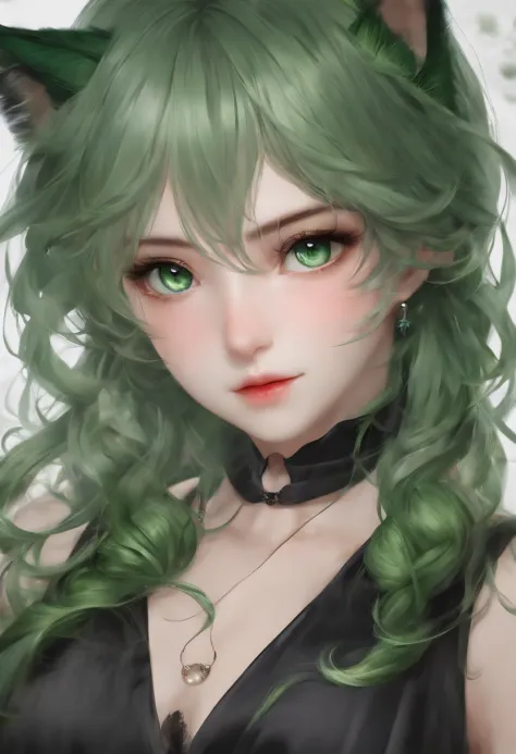 (Best Quality,4k,8K,hight resolution,Masterpiece:1.2),Ultra-detailed,(Realistic,Photorealistic,photo-realistic:1.37), green hair, Heterochromia of the eyes, Neko's Girl, covering his bare chest with his hand, Erotic, green hair, fluttering in the wind, bea...