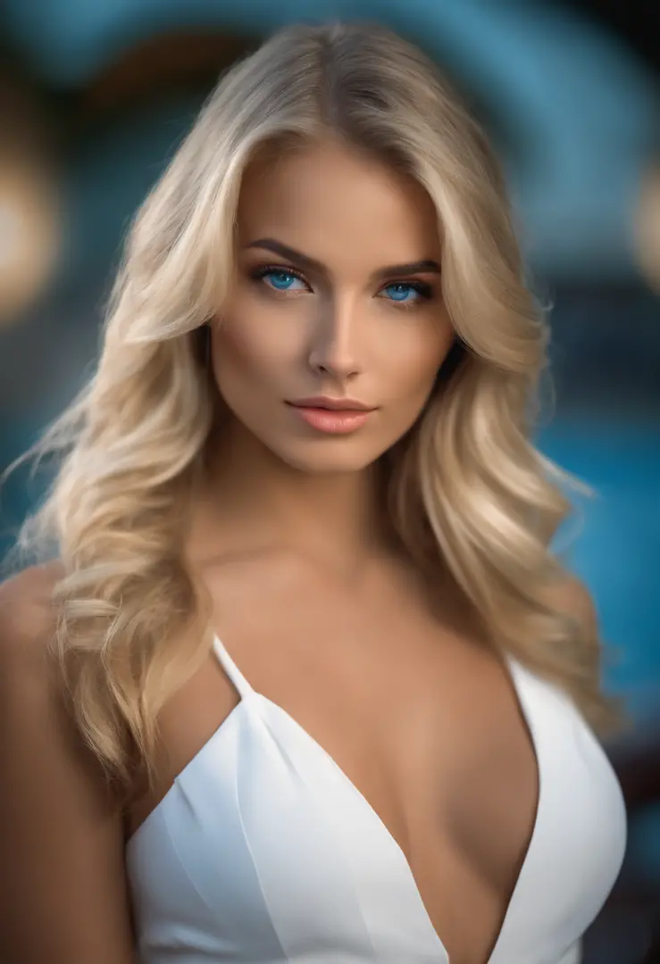 a close up of a collage girl with a medium size breast, perfect face model, at the club, clothed, blonde, fit body, silk skin, blue eyes, perfect face, attractive facial features, collage girl