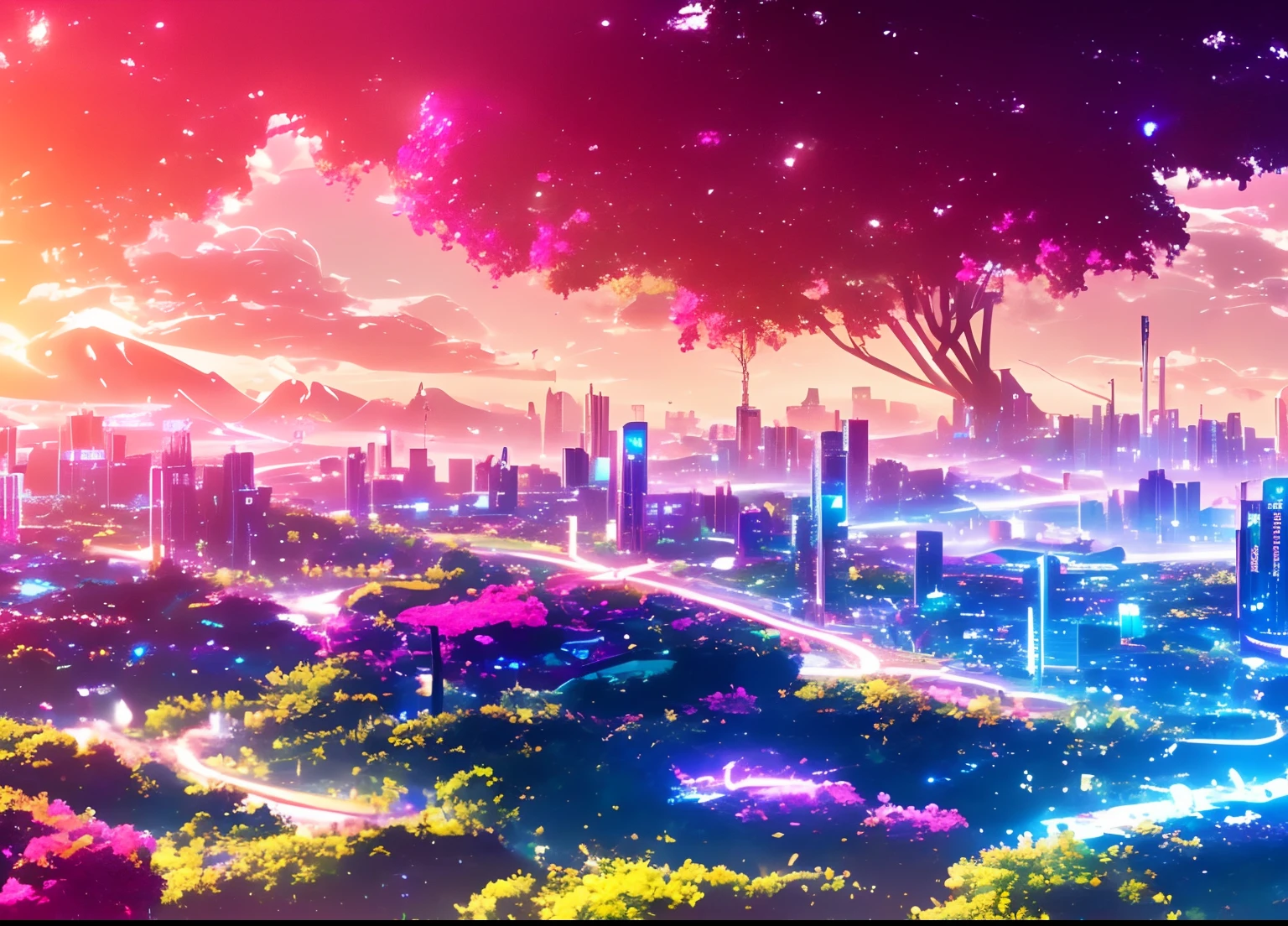 аниме-сцена из Дискодиленда, города, цветы, АртСтанция, острый фокус, вдохновляющие обои 8k, яркие цвета, неоновые лампы