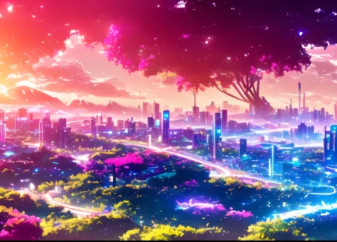 a discodifland anime scene, cities, flowers, artstation, sharp focus, inspiring 8k wallpaper, vivid colors, neon lights