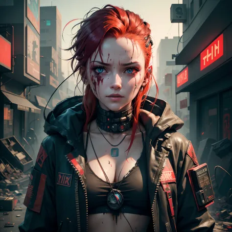 Cyberpunk, damged, robot, dead robot, wires,  lose a part of her face in war, wires came out in the lose part of face, trashed, cyberpunk damged, trashed in a big garbge, red hair
