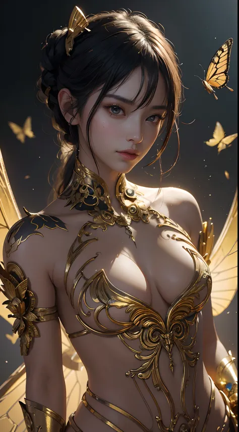 Step into a world of digital photography and art with this breathtaking portrait of a cyborg, featuring elegant gold butterfly accents and a mesmerizing sidelighting effect. The intricate details and surreal elements, inspired by the works of Artgerm, Ruan...