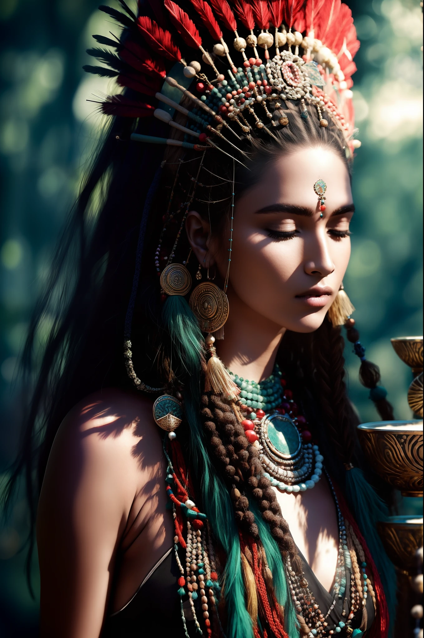 (full portrait), (half shot), solo, detailed background, detailed face, (stonepunkAI, stone theme:1.1), wise, (female), (native american), (beautiful hair, braids:0.2), shaman, septum piercing, mystical, (gorgeous face), stunning, head tilted upwards, (eyes closed, serene expression), calm, meditating, Seafoam Green frayed clothes, prayer beads, tribal jewelry, feathers in hair, headdress:0.33, jade, obsidian, detailed clothing, cleavage, realistic skin texture, (floating particles, water swirling, embers, ritual, whirlwind, wind:1.2), sharp focus, volumetric lighting, good highlights, good shading, subsurface scattering, intricate, highly detailed, ((cinematic)), dramatic, (highest quality, award winning, masterpiece:1.5), (photorealistic:1.5), (intricate symmetrical warpaint:0.5),