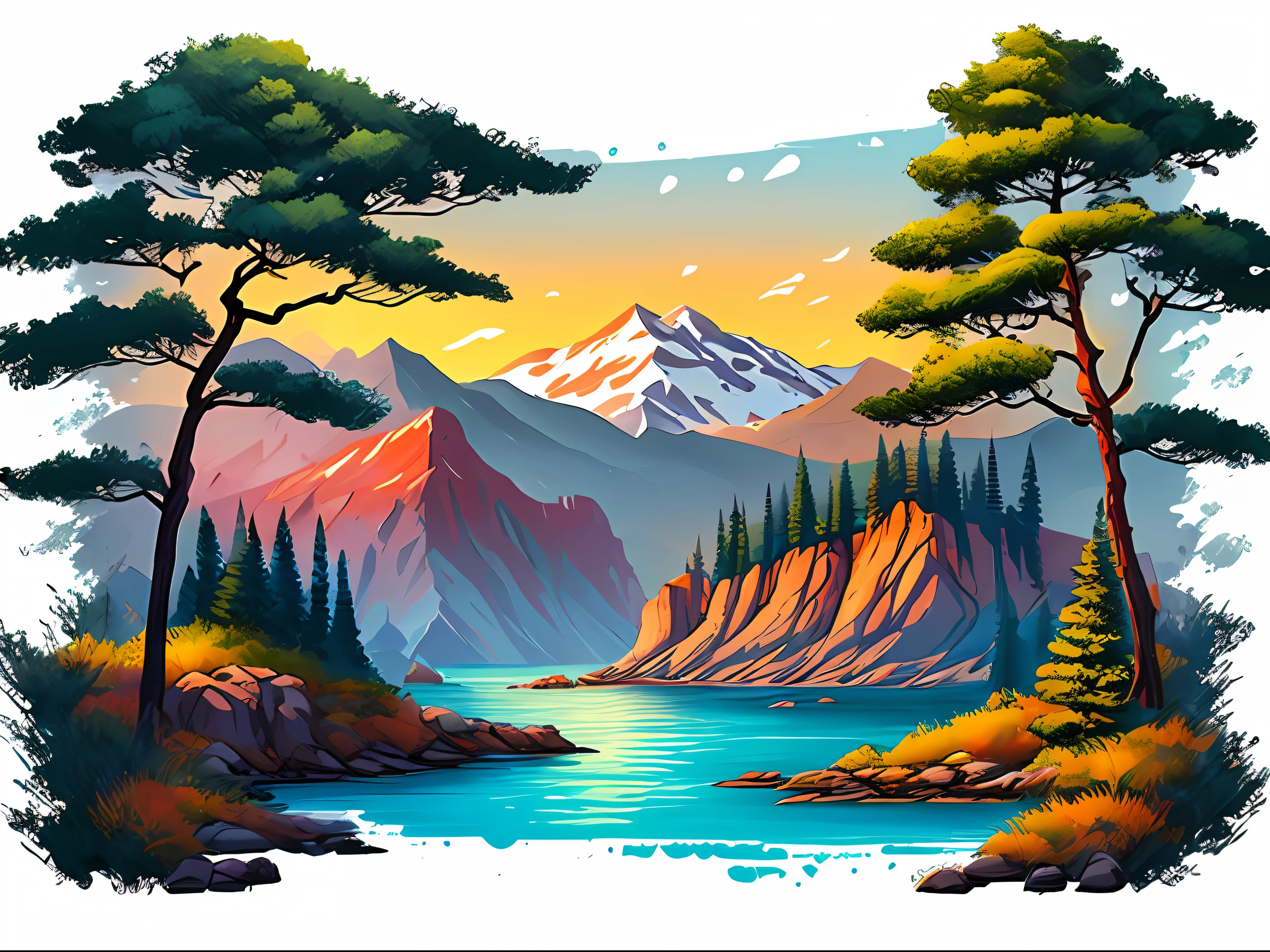 Fondo blanco, paisaje, pintar, montañas, agua, árboles, diseño de camiseta, vector art, descentrado, compensar