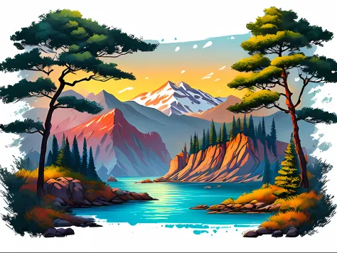 white background, landscape, paint, mountains, water, trees, t-shirt design, vector art, offcenter, offset