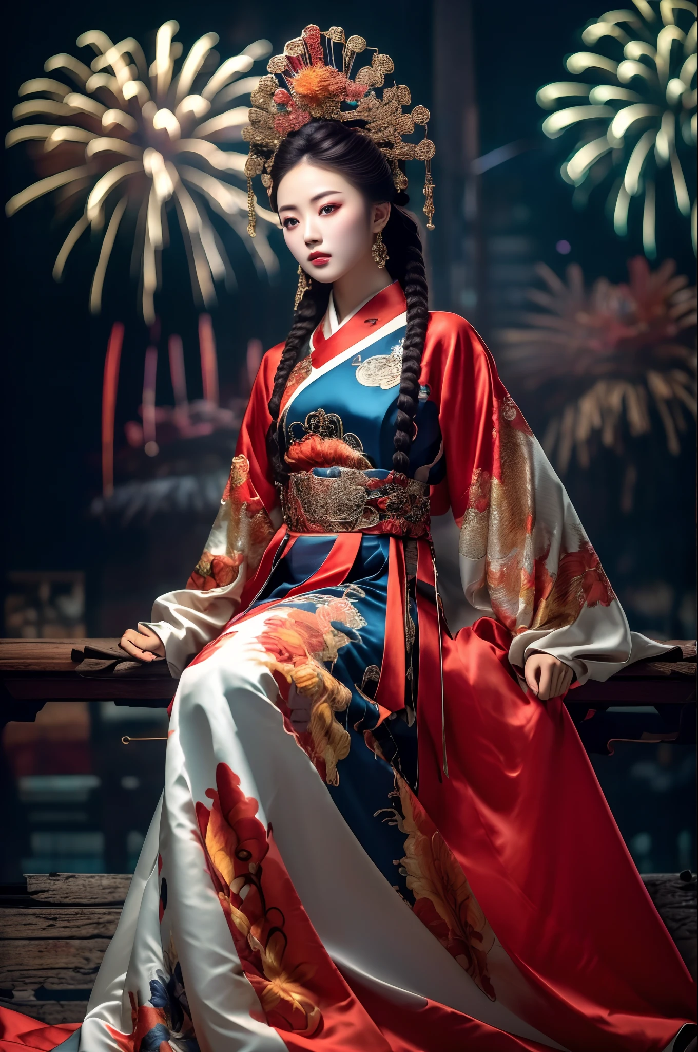 masterpiece,(best quality:1.3),ultra high res,raw photo,detailed skin,beautiful lighting,(realistic, photo-realistic:1.4),
1girl,guofeng,full body,(Fireworks background:1.2),Professional stage light,