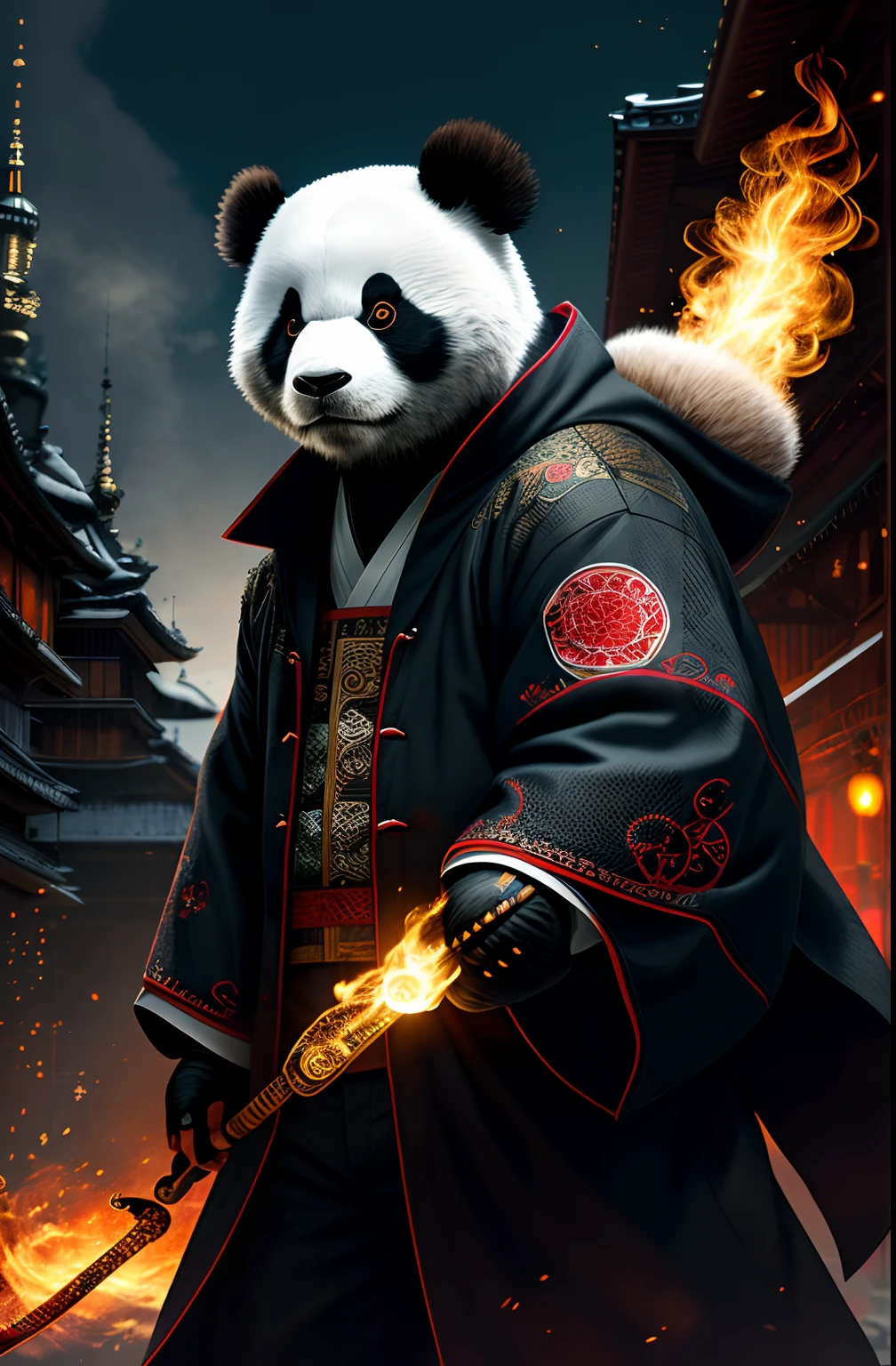 extremely detailed 8k wallpaper), intricate, richly detailed, dramatic, Panda bear with white kimono, ready for combat, Sinister face is drawn with only a pair of red eyes peeking underneath, graphics insanely, light is reflected in the ornaments, bright ashes ooze from the torches in the vaulted passage during the leisurely walk through the gloomy cathedral,  Show the whole person with some distance from the surroundings to get your own license.